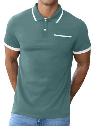 QIXING Men's Cotton Polo Shirt Short Sleeve Classic Golf T-Shirt Casual Sport Top with Pocket UK Gray Teal XL