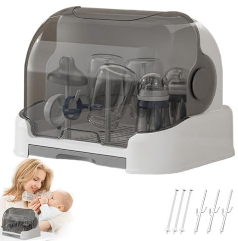 Babyflaschen Trocknungsregal Großer Babyflaschenlager mit Abdeckung ＆ Abnehmbares Abflussschale, staubdes Babyflaschen Organizer Tragbarer Babyflaschenregal Trockner für Flaschenzubehör, Grau