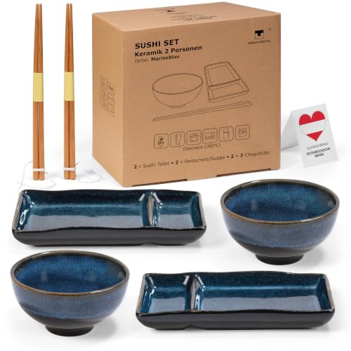 Urban Lifestyle Set Sushi per 2 Persone Set Piatti Sushi in Ceramica Blu Marino con Smalto Reattivo, 2 Piatti, 2 Ciotole per Riso Sushi e Zuppa Miso, 2 Paia Bacchette Sushi Bambù MISAKI (Blu Marino)