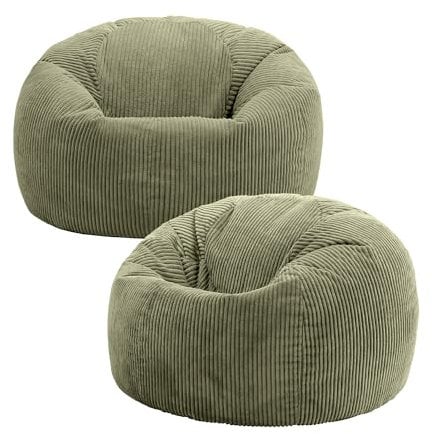icon Kingston Cord Bean Bag, Set of 2, Sage Green, Large Adult Bean Bag Chair with Filling Included, Comfy Chair, Living Room Furniture, Bedroom Furniture