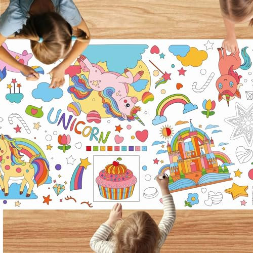 Femnow Einhorn Ausmaltischdecke Kinder, Ausmal Tischdecke zum Ausmalen Kinder, Maltischdecke für Kinder, Tischdecke Kindergeburtstag, Ausmalen Einhorn, Mal Mich Bunt