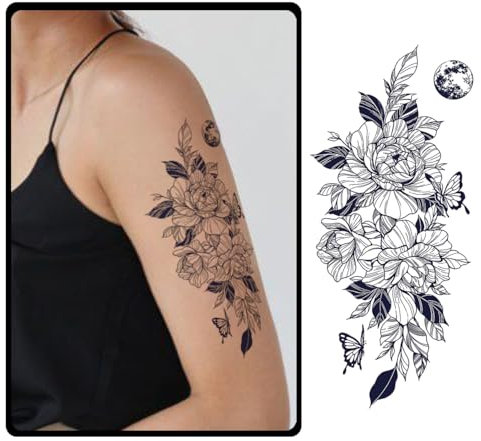 CHARLENT Tatuaggi Semipermanenti a Forma di Fiore per Donne - Tatuaggi Finti a Forma di Rosa per Donne, Braccio e Corpo, Che Durano 2 Settimane/Svaniscono Naturalmente/Nessun Riflesso
