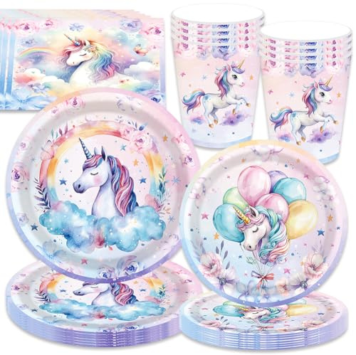 44PCS Einhorn Partygeschirr,Einhorn Geburtstag Party Geschirr,Einhorn Partygeschirr Set,Einhorn Deko Kindergeburtstag,Geschirr enthält Teller Tücher Papier Tassen für 8 Personen