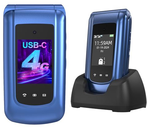 4G Téléphone Portable Senior Débloqué, Téléphone Portable à Clapet Personnes âgées avec Grandes Touches Volume Élevé Double Écran 2,4 et 1,77 Pouces Double SIM Bouton SOS Réveil Station de Charge