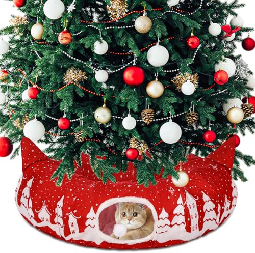 Kinlop Túnel de gato para árbol de Navidad de 35.4 pulgadas, túnel de dona para gatos, cama debajo del árbol de Navidad con alfombrilla central, plegable, cálida y suave, cueva de tubo para gatitos