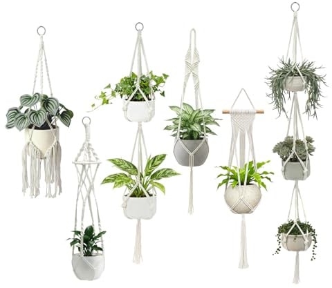 6er Set Makramee Blumenampel, Pflanzenhänger aus Baumwollseil, Boho Style Hängetopf für Pflanzen – Baumwollseil Hängeampel für Innen & Außen, Balkon, Garten, Fenster Dekoration