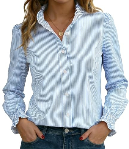Funlingo Button Down Shirts for Women Striped Long Sleeve Smocked Cuffed Blouses Casual Oversized Ruffle Collared Tops Spring Work Clothes Blue White M