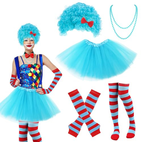 5Pcs Blau Tutu-Kostümset, Perücke Blau, Tüll-Tutu-Rock, Blau-Rot Gestreifte Handschuhe Socken und Perlenketten, Cosplay Kostüm für Frauen Mädchen, Kostümzubehör für Karneval Fasching Halloween