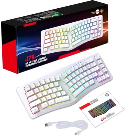 Jectse Kabelgebundene Ergonomische Tastatur, 69-Tasten-Silent-Split-Tastatur mit 18 Modi RGB-Hintergrundbeleuchtung und Abnehmbarem USB-C-Kabel, für Computer-Desktop-Laptop (White)