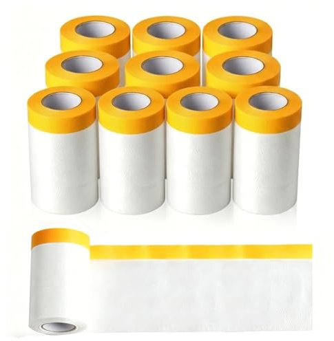 DUDUI 10 Rollen Abdeckfolie mit Klebeband 55cm x 20m Malerfolie mit Goldband UV Beständig Abdeckplane Malerarbeiten Transparent PE-Folie mit Goldband Tape, Tape Malerkrepp zum Staubschutz