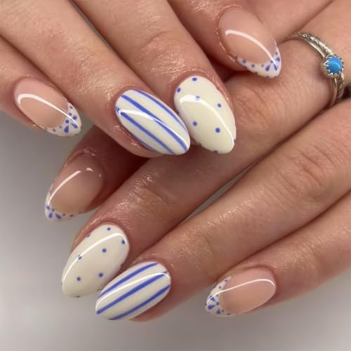 White French Tip False Nails, Short Almond Shape with Blue Polka Dot Pattern, Glossy Full Cover Press-On Nails for Spring Summer, Ideal for Women and Girls, for Manicure Decoration