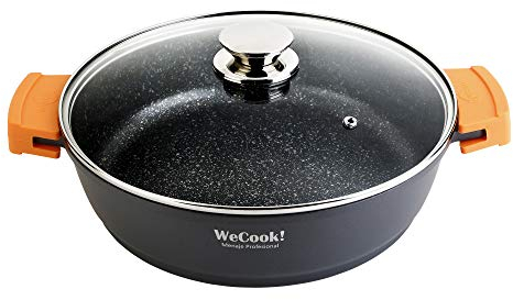 WECOOK! Ecochef Titanio Cazuela Baja Inducción Tapa de Cristal 24cm, 5 Capas Antiadherente QUANTANIUM Ecológico sin PFOA, Aluminio Fundido 5mm, 7,5cm Alto, Asas Silicona, Vitrocerámica, Gas, Horno