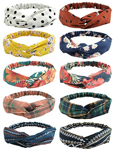 DRESHOW 10 Pièces Bandeau Cheveux pour Femmes Boho Bandeaux Vintage Fleur Imprimé Noué Élastique Bande de Cheveux Extensible Tête Wrap Twisted Cheveux Accessoires