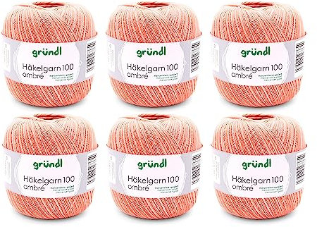 Gründl Häkelgarn 100 ombré (mercerisiertes Baumwollgarn zum Häkeln aus 100 % Baumwolle, 100 g / 566 m, Nadelstärke: 1,5 - 2, 6 x 100 g), Orange, 30 x 21 x 11 cm