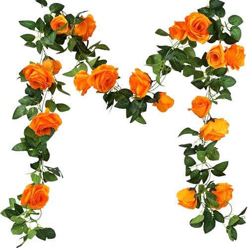 FiveSeasonStuff 2 Orange Artificial Flower Garlands, Silk Rose Vine Leaves Hanging Plant Foliage for Home Wedding Garden Trellis Gazebo Party Wall Decoration 4.4 metres (14.4 feet)