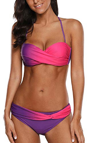 Tuopuda Costume da Bagno Donna Bandeau Bikini Set Push Up Imbottito Costumi Mare Due Pezzi Brasiliana Bikini Gradient Color Spiaggia Sexy Top Triangolo Reggiseno con Slip Vita Bassa, Viola, 42