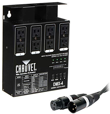 CHAUVET DJ DMX-4LED 4-Channel Dimmer Pack with 50' DMX Cable, Indoor Use, LED Light Source, 4 Channels, 15A Max, Black, Standalone Box, Lighting Controller, Dimmer Pack