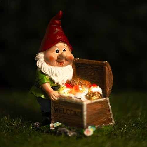 Garden Mile Solar Powered Garden Gnome with Welcome Sign & LED Treasure Chest - Weatherproof Resin Light Up Garden Statue - Outdoor Garden Ornaments for Patio, Lawn, Yard and Garden Decorations
