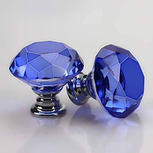 2PCS 40mm Crystal Glass Door Knobs Clear Diamond Pull Handle Aluminium Alloy with Screw for Drawer Cabinet Furniture Kitchen Home Decorating (Blue)