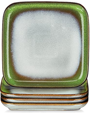 vancasso Stern Square 4-Piece Dessert Plate Set, Reactive Glaze Green 7.3in Salad/Fruit/Snack/Side Plate, Ceramic Crockery in Vintage Look. (18.5x18.5x2cm)