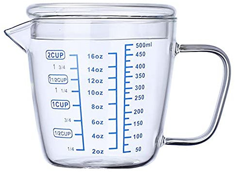 Jarra de Leche Taza medidora pequeña para el hogar con Escala Calefacción por microondas con Tapa Desayuno Leche Taza de Agua Taza de Vidrio Crema Tarro para Compartir café-500ML