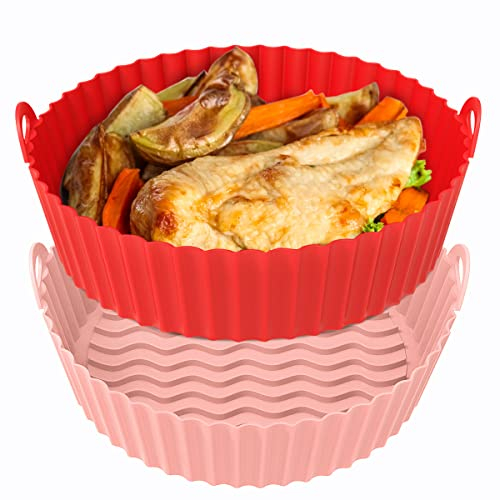 OUTXE 2-Pack 21.5cm Silikonform für Heißluftfritteuse, Wiederverwendbare Silikonform Rund für 5L Heißluftfritteuse Ofen Zubehör(Rot+Pink)