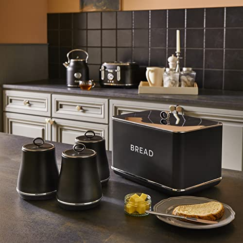 Tower Renaissance Bread Bin & Tea, Coffee & Sugar Storage Canisters. Stylish Matching Kitchen Storage Set in Black
