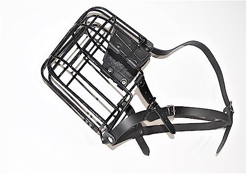 STRONG Wire Metal Basket Muzzle, Metal Strong Wire Basket Dog Great Dane (Black/Black Leather, D)