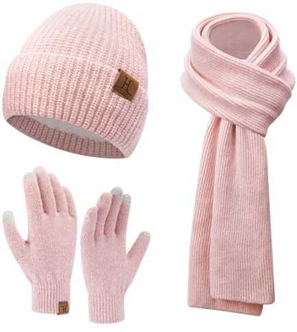 ZASFOU Damen Winter Mütze Schal Touchscreen Handschuhe Set Thermo Beanie Wintermütze Strickmütze Schlauchschal Winterhandschuhe Geschenk für Frauen