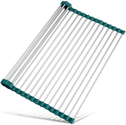 Tomorotec Escurridor Enrollable de Acero Inoxidable, Plegable sobre el Fregadero, escurridor rodante, Organizador Multiusos para Utensilios de Cocina, 45 x 40 cm (Verde Oscuro)