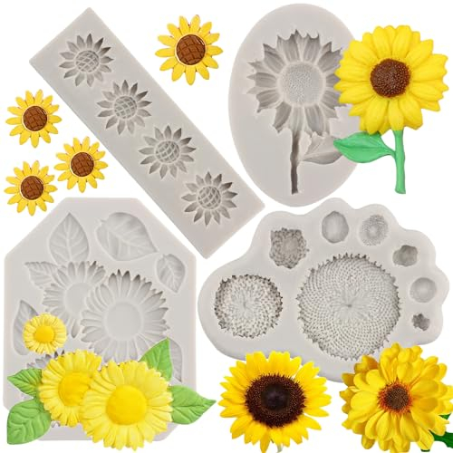 MYPRACS 4 Stück Sonnenblumen Fondantformen Sonnenblumen Staubblatt Silikonform für Kuchendekoration Cupcake Topper Schokolade Süßigkeiten Polymer Ton Gummipaste