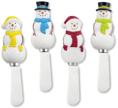 Supreme Housewares Snow Fun Cheese Spreaders, Hand-Painted Resin Handles with Stainless Steel Blades for Spreading Cream Cheese, Butter, and Jam, Assorted Snowmen Designs, Set of 4