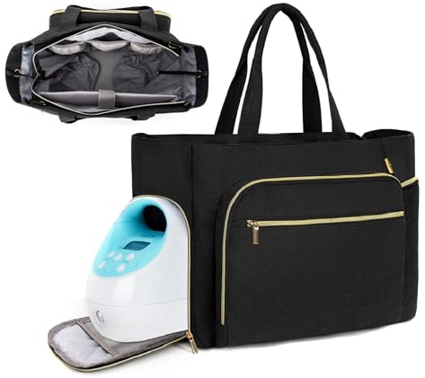 TORIBIO Breast Pump Bag for Spectra S1/S2, Medela, Rainyb, Elvie, Evenflo, Breastfeeding Mom Bag Diaper Tote Bag with 15 Laptop Sleeve and Changing Pad, Black, 15.7 x7.9 x11.8, Breast Pump Bag