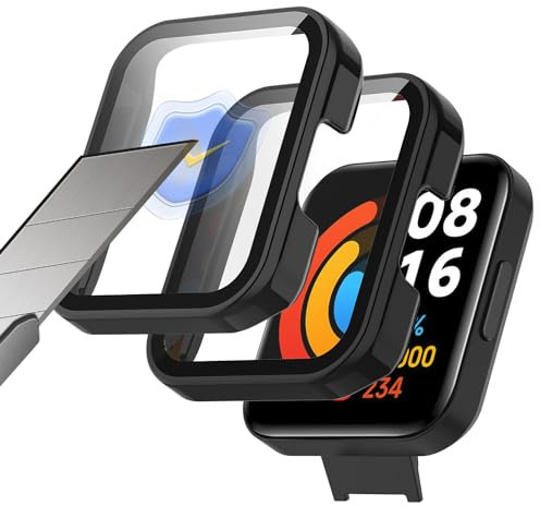 KoGiio Coque pour Xiaomi Redmi Watch 2 Lite 2 Pièces, avec 9H Verre Trempé Protecteur D'écran, Anti Rayures Anti Chocs Rigide PC Couverture Totale Case pour Xiaomi Redmi Watch 2 Lite-Noir + Noir