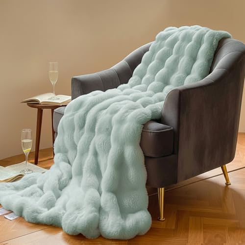 Kuscheldecke Kaninchen Plüsch Decke Kunstfell Warme Überwurfdecke Sofadecke Vielseitig Blanket für Couch Bett Sofa (Grün, 130 * 160cm)