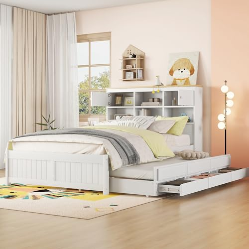 Merax Kinderbett 140x200cm mit Schubladen, Doppelbett mit Lattenrost & Ausziehbett, Funktionsbett mit Bücherregal, Modern Weiss Holzbett, Schlafsofa für Jungen & Mädchen, Jugendbett, Ohne Matratze