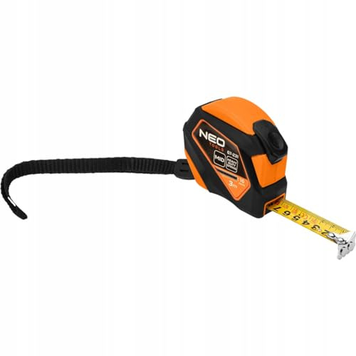NEO TOOLS Professional Maßband 3 m, Nylon-Stahlband, Magnethaken | Stopp-Tasten, Automatischer Bandstopp, Bandbreite 16 mm, MID-Genauigkeit, Anti-Rutsch Gehäuse, Gürtelklemme