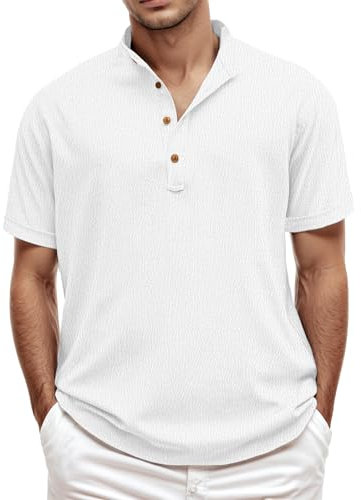IWOLLENCE Henley T Shirt Mens Short Sleeve Shirts Classic Band Collar 4 Buttons V Neck Stretchy Summer Tops for Men White