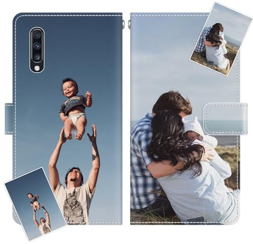 JGOYGYI Personalisierte Leder Handyhülle kompatibel mit Samsung Galaxy A70,Individuelle Eigenem Foto Bild Text Bildern Foldable Flip Klapphüllen Case hülle+Handykette