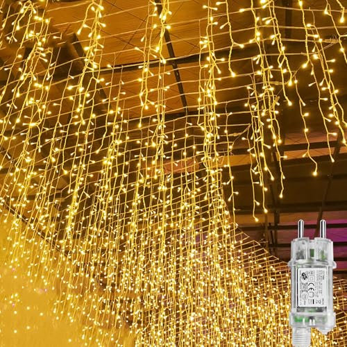 FIVMEN Lichterkette 15M 600LED Lichtervorhang Außen Innen Strom Lichterkette Vorhang mit EU Stecker und 8 Modi Lichtvorhang Eisregen Weihnachtsbeleuchtung Weihnachtsdeko, Warmweiß