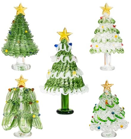 Kleiner Glas-Weihnachtsbaum, Grün, Mini-Weihnachtsbaum, Glasornamente, Kunst, Glasfigur, handgefertigt, Weihnachten, Tischdekoration, Partygeschenke, 5 Stück