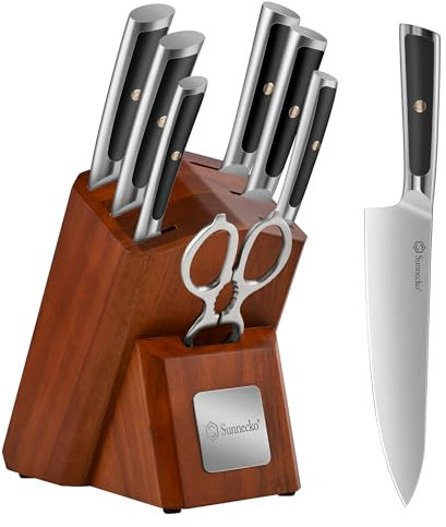 Sunnecko Messerblock set 8 teilig - Küchenmesserset mit hohem Kohlenstoffgehalt Edelstahl, Block Messerset für die Küche mit Holzblock - Kochmesser set mit ergonomischem Griff