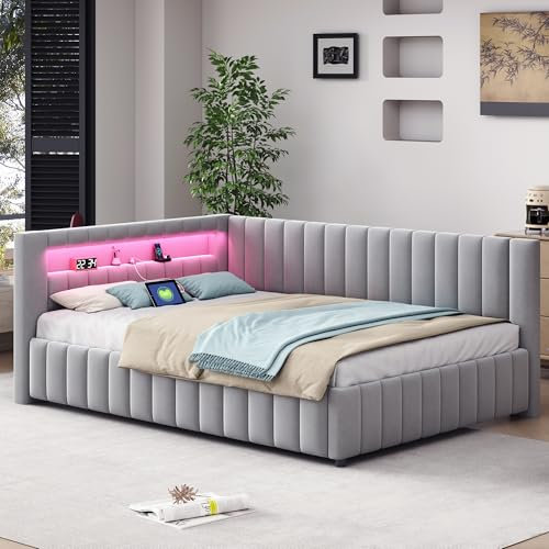 Polsterbett Schlafsofa 140x200, Gepolstertes aus Samtstoff mit LED-Licht und USB-Ladeanschluss, mit Rückenlehne, Kopfteil und stabilem Bettrahmen (Hellgrau)