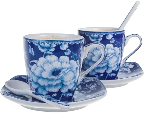 Queen Isabell LIMITED COLLECTION Espressotassen Set 2-teilig mit 2 Untertassen & 2 Löffeln | Aus Knochenporzellan mit goldenen Details – Exklusive limitierte Edition für Espressoliebhaber