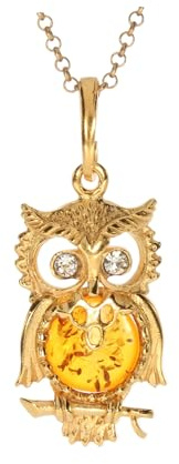 Artisana-Schmuck Bernstein Anhänger kleine Eule (ohne Kette), gefasst in 925/000 Sterling Silber vergoldet
