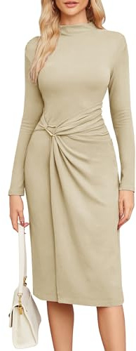 Newshows Jumper Dress for Women UK Long Sleeve Mock Neck Elegant Bodycon Pleated Winter Autumn Maxi Dresses -L Apricot