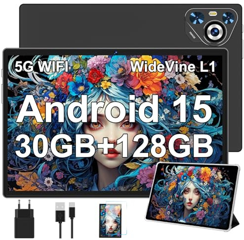 Dghrti Tablette Tactile 10 Pouces Android 15 avec Gmini AI, Tablet avec étui – 30Go RAM + 128Go (TF/2To), 8000mAh, Écran IPS HD, Octo-Core, WiFi 6, Widevine L1, 5+8MP, châssis métal – Noir
