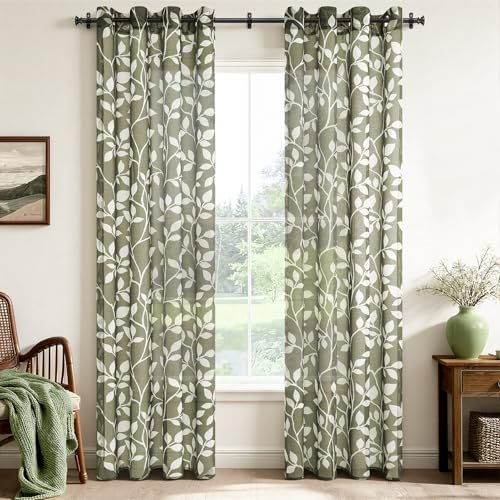 CUTEWIND Gardinen Schlafzimmer Voile Kinderzimmer Vorhang Mädchen Gardinen 245 cm Höhe 140 cm Breite mit Ösen, Gardine Olivgrüne Vorhänge mit Weißen Blätterdrucken Muster für Fenster 2er Set