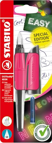 STABILO EASYbuddy NEON - Ergonomic School Fountain Pen - M-Nib | Right-Handed - Pack of 1 - Neon Pink including Blue Ink Cartridge