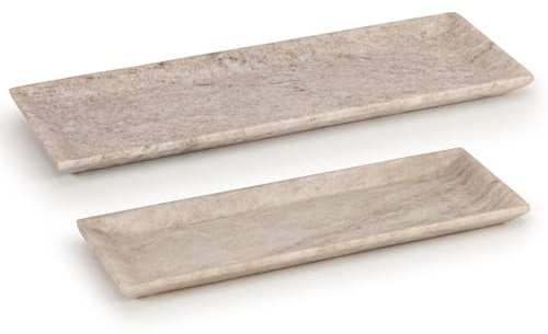EHC Set of 2 Natural Marble, Bathroom Vanity Tray, Decorative, Candle, Countertop Sink Storage Organiser for Cosmetic, Perfume, Home Decor Tray, Natural